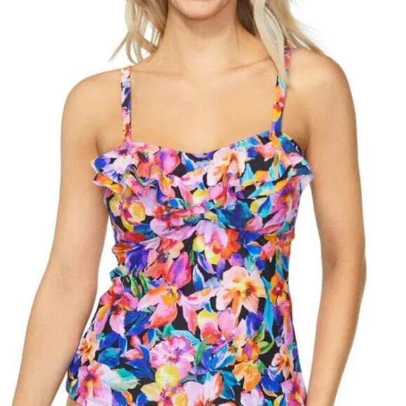 NEW Island Escape Bright Floral Tankini Top Size 6 Tropical Ruffle Swim Suit - Picture 1 of 11